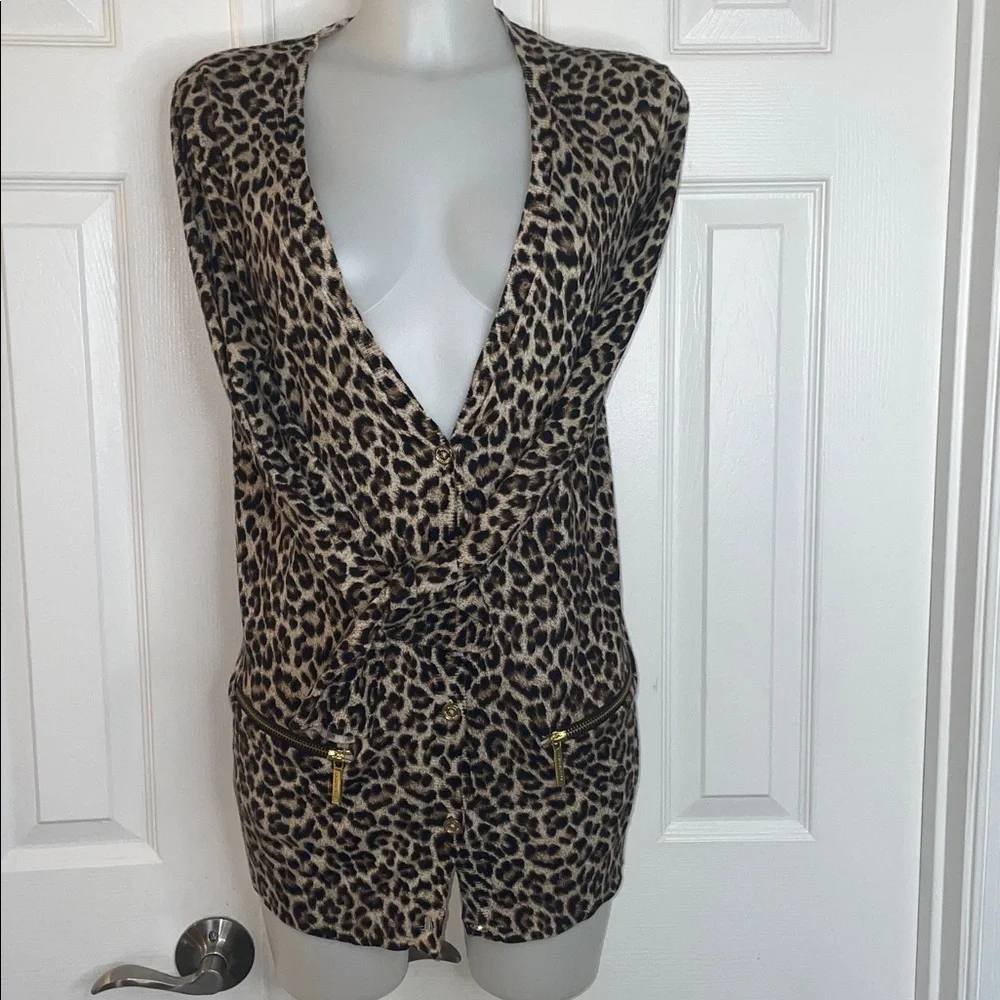 MICHAEL KORS ANIMAL PRINT LONG SLEEVE LONG CARDIGAN WITH LOGO ZIPS & BUTTONS M